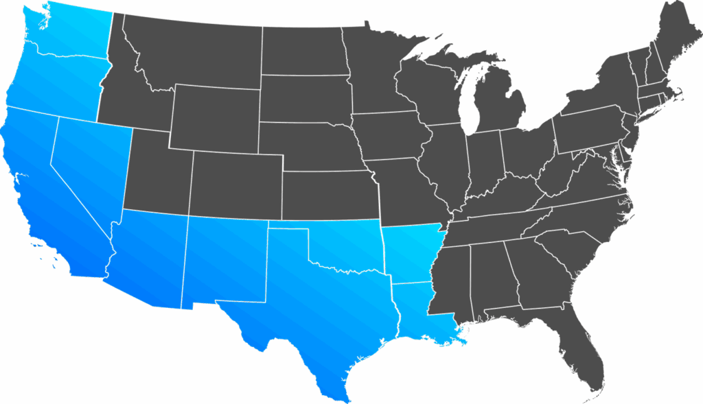 Map highlighting American Utility Technologies providing solutions across the Western and Southwestern United States and growing.